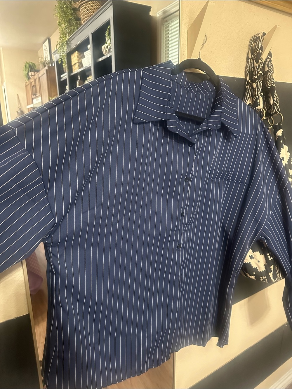 Ladies Navy Blue Pinstripe Dress Shirt